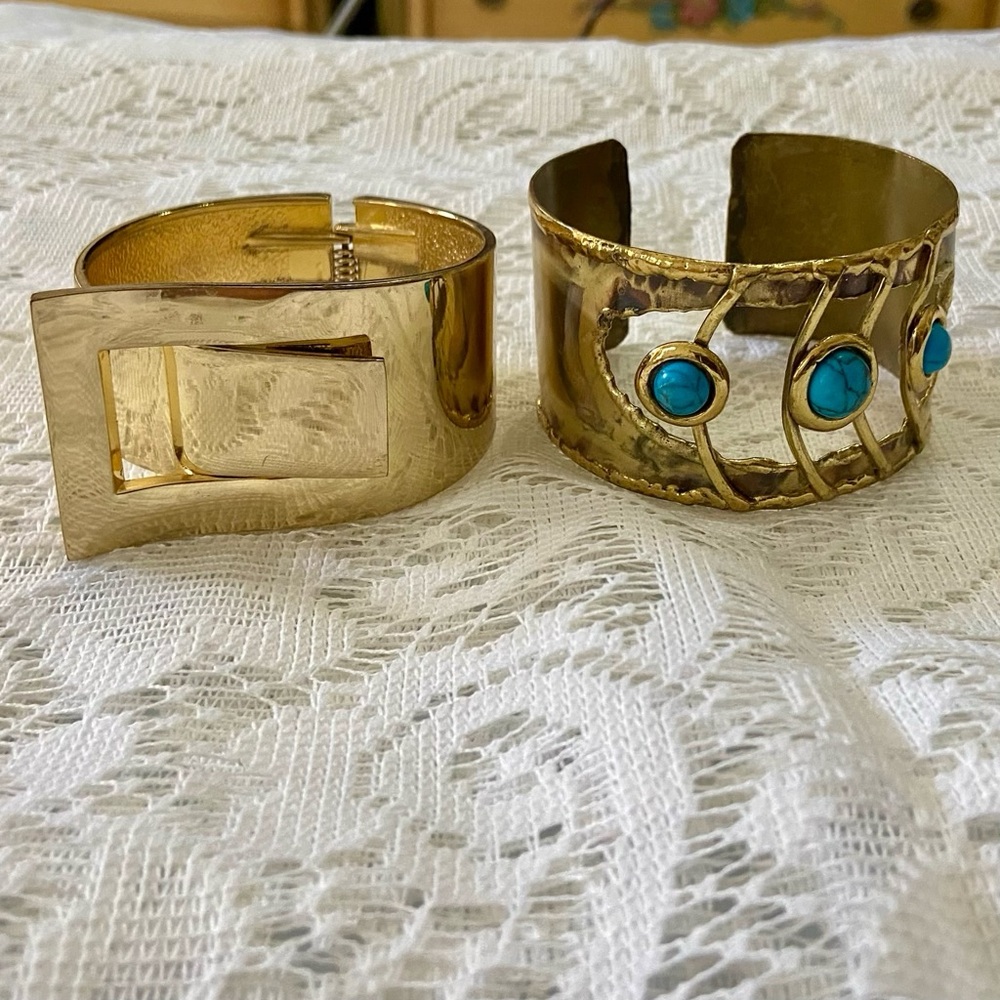 Lot of 2 Vintage Chunky Gold Cuff and Hinged Bangles
